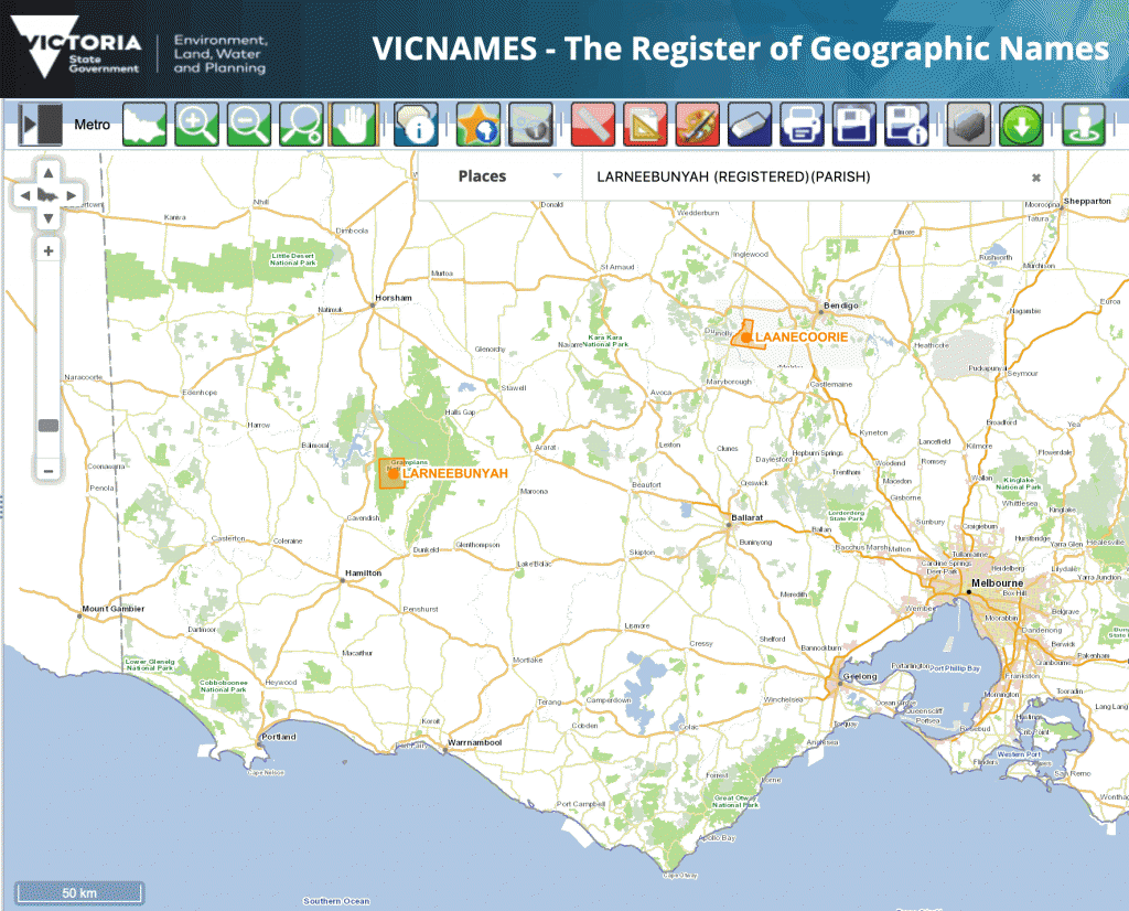 map of western Victoria showing Larneebunyah and Laanecoorie parishes, from VICNAMES